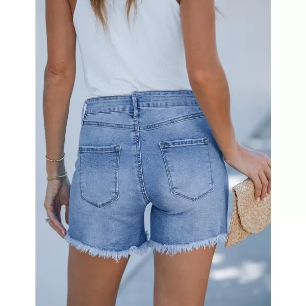 luvamia Jean Shorts for Women Low Waisted Trendy Stretchy Crossover Waist Denim Shorts Raw Hem Casual Summer PocketsMedium Blue