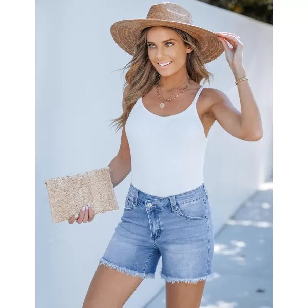 luvamia Jean Shorts for Women Low Waisted Trendy Stretchy Crossover Waist Denim Shorts Raw Hem Casual Summer PocketsMedium Blue