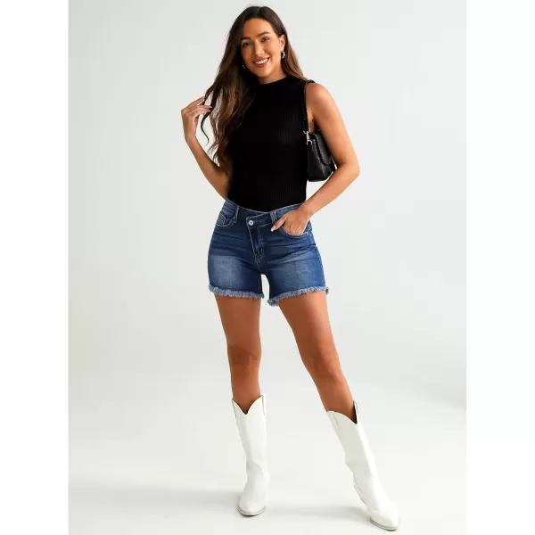 luvamia Jean Shorts for Women Low Waisted Trendy Stretchy Crossover Waist Denim Shorts Raw Hem Casual Summer PocketsNightfall Blue