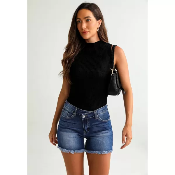 luvamia Jean Shorts for Women Low Waisted Trendy Stretchy Crossover Waist Denim Shorts Raw Hem Casual Summer PocketsNightfall Blue