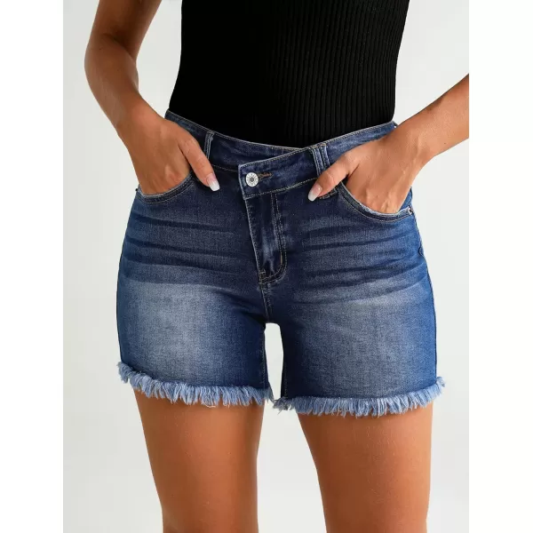 luvamia Jean Shorts for Women Low Waisted Trendy Stretchy Crossover Waist Denim Shorts Raw Hem Casual Summer PocketsNightfall Blue