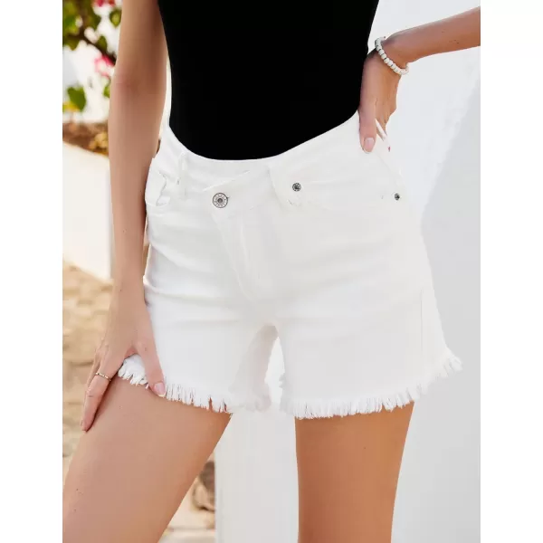luvamia Jean Shorts for Women Low Waisted Trendy Stretchy Crossover Waist Denim Shorts Raw Hem Casual Summer PocketsOffwhite