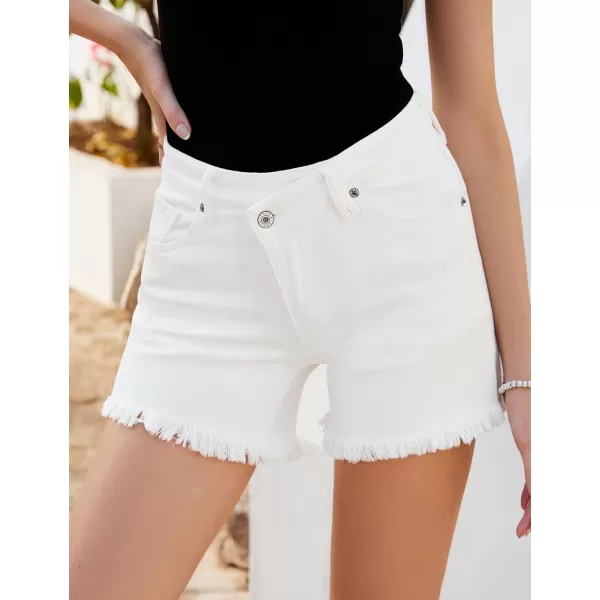 luvamia Jean Shorts for Women Low Waisted Trendy Stretchy Crossover Waist Denim Shorts Raw Hem Casual Summer PocketsOffwhite