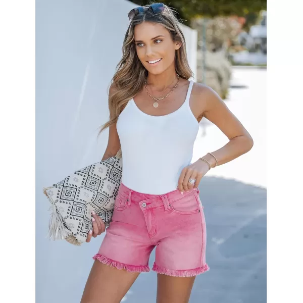 luvamia Jean Shorts for Women Low Waisted Trendy Stretchy Crossover Waist Denim Shorts Raw Hem Casual Summer PocketsPink Snow Wash