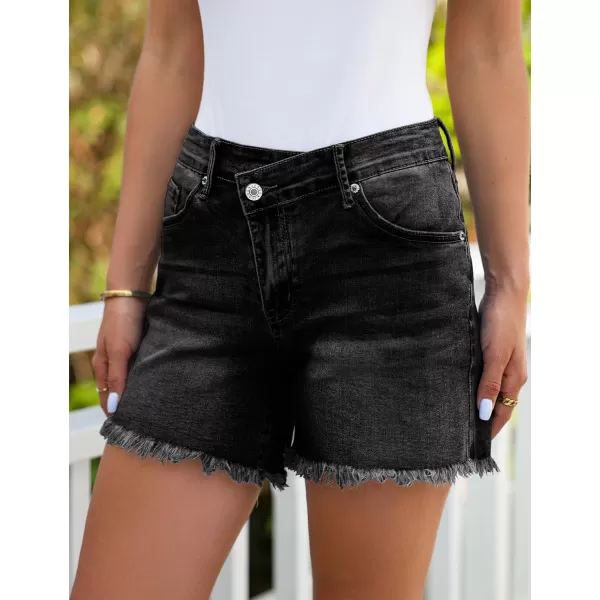 luvamia Jean Shorts for Women Low Waisted Trendy Stretchy Crossover Waist Denim Shorts Raw Hem Casual Summer PocketsWashed Black