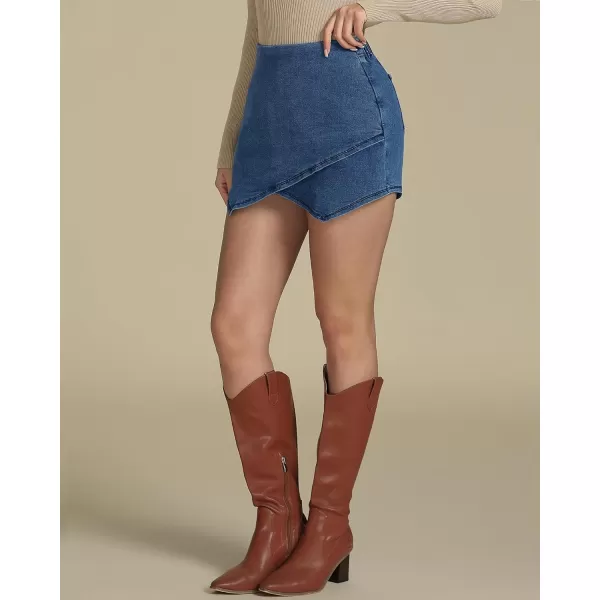luvamia Jean Skorts for Woman High Waisted Pull On Stretchy Denim Wrap Skirt with Shorts Trendy Asymmetrical SkortClassic Blue