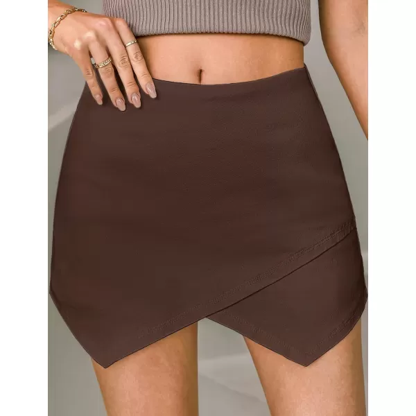 luvamia Jean Skorts for Woman High Waisted Pull On Stretchy Denim Wrap Skirt with Shorts Trendy Asymmetrical SkortCoffee