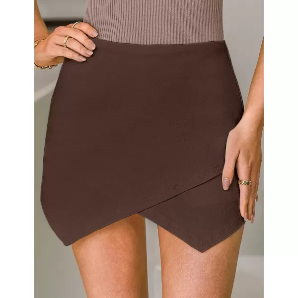 luvamia Jean Skorts for Woman High Waisted Pull On Stretchy Denim Wrap Skirt with Shorts Trendy Asymmetrical SkortCoffee