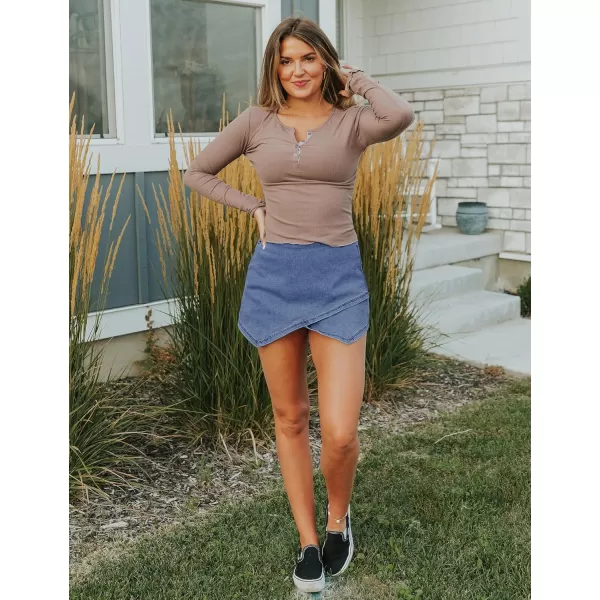 luvamia Jean Skorts for Woman High Waisted Pull On Stretchy Denim Wrap Skirt with Shorts Trendy Asymmetrical SkortModern Blue
