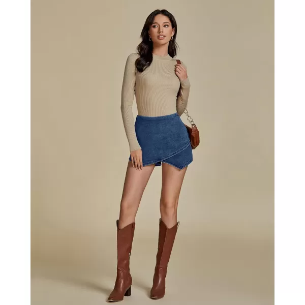 luvamia Jean Skorts for Woman High Waisted Pull On Stretchy Denim Wrap Skirt with Shorts Trendy Asymmetrical SkortNavy Blue