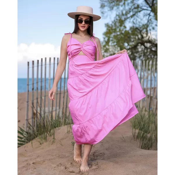 luvamia Long Flowy Dresses for Women Tiered Cut Out Midi Dress Self Tied Spaghetti Strap Summer Vacation Dinner OutfitAurora Pink