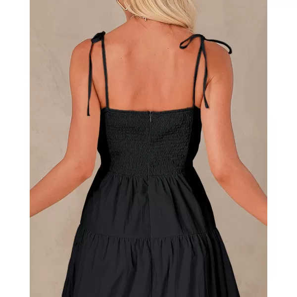 luvamia Long Flowy Dresses for Women Tiered Cut Out Midi Dress Self Tied Spaghetti Strap Summer Vacation Dinner OutfitBlack