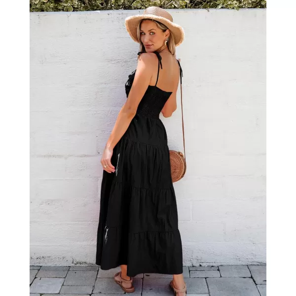 luvamia Long Flowy Dresses for Women Tiered Cut Out Midi Dress Self Tied Spaghetti Strap Summer Vacation Dinner OutfitBlack