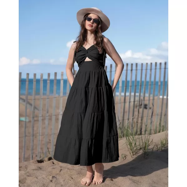 luvamia Long Flowy Dresses for Women Tiered Cut Out Midi Dress Self Tied Spaghetti Strap Summer Vacation Dinner OutfitBlack