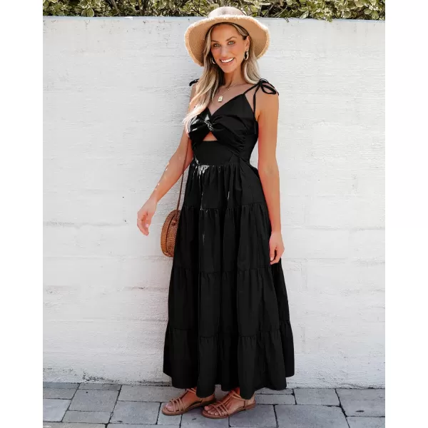 luvamia Long Flowy Dresses for Women Tiered Cut Out Midi Dress Self Tied Spaghetti Strap Summer Vacation Dinner OutfitBlack