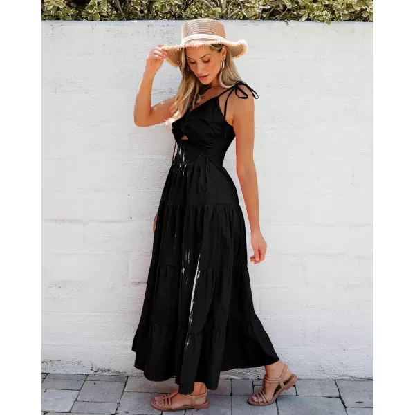 luvamia Long Flowy Dresses for Women Tiered Cut Out Midi Dress Self Tied Spaghetti Strap Summer Vacation Dinner OutfitBlack