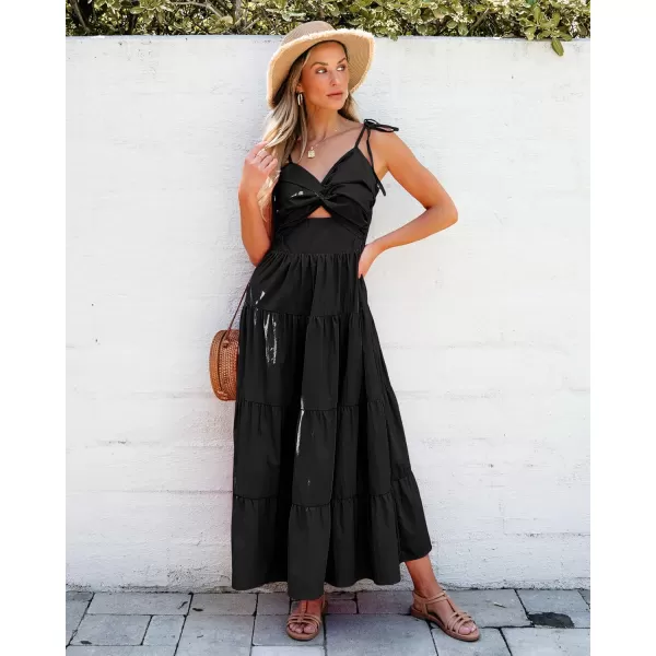 luvamia Long Flowy Dresses for Women Tiered Cut Out Midi Dress Self Tied Spaghetti Strap Summer Vacation Dinner OutfitBlack
