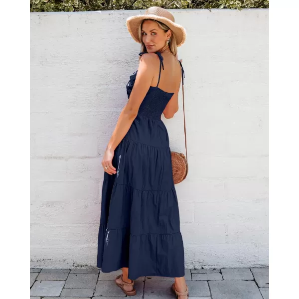 luvamia Long Flowy Dresses for Women Tiered Cut Out Midi Dress Self Tied Spaghetti Strap Summer Vacation Dinner OutfitNavy Blue