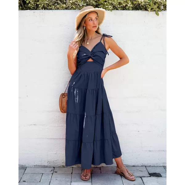 luvamia Long Flowy Dresses for Women Tiered Cut Out Midi Dress Self Tied Spaghetti Strap Summer Vacation Dinner OutfitNavy Blue