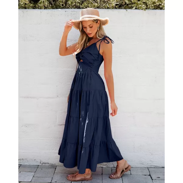 luvamia Long Flowy Dresses for Women Tiered Cut Out Midi Dress Self Tied Spaghetti Strap Summer Vacation Dinner OutfitNavy Blue