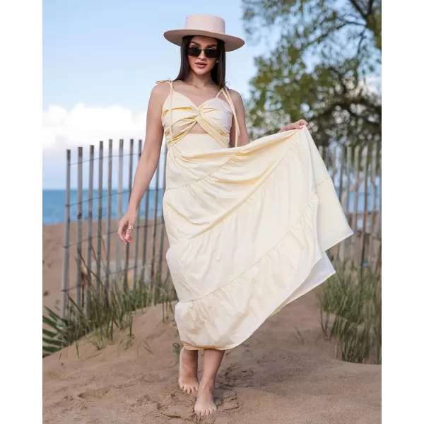 luvamia Long Flowy Dresses for Women Tiered Cut Out Midi Dress Self Tied Spaghetti Strap Summer Vacation Dinner OutfitPearled Lvory
