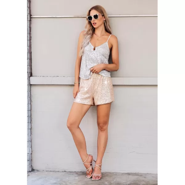 luvamia Sequin Shorts for Women Trendy High Waisted Stretchy Pull On Glitter Sparkly Shorts Holiday Party OutfitsRose Gold