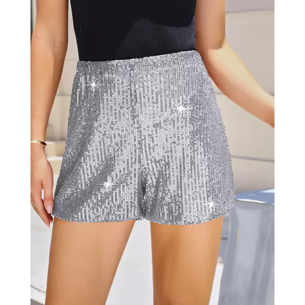 luvamia Sequin Shorts for Women Trendy High Waisted Stretchy Pull On Glitter Sparkly Shorts Holiday Party OutfitsSilver