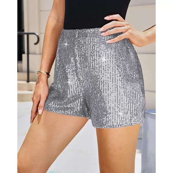 luvamia Sequin Shorts for Women Trendy High Waisted Stretchy Pull On Glitter Sparkly Shorts Holiday Party OutfitsSilver