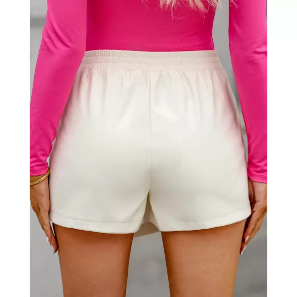 luvamia Shorts for Women Faux Leather Skorts High Waisted PU Leather Shorts Elastic Waist Ruched Wrap Skorts SkirtsAntique White