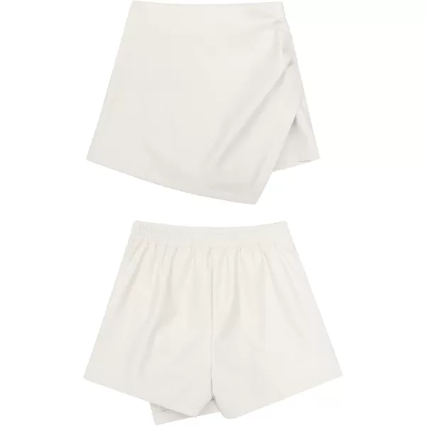 luvamia Shorts for Women Faux Leather Skorts High Waisted PU Leather Shorts Elastic Waist Ruched Wrap Skorts SkirtsAntique White