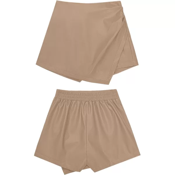 luvamia Shorts for Women Faux Leather Skorts High Waisted PU Leather Shorts Elastic Waist Ruched Wrap Skorts SkirtsBeige