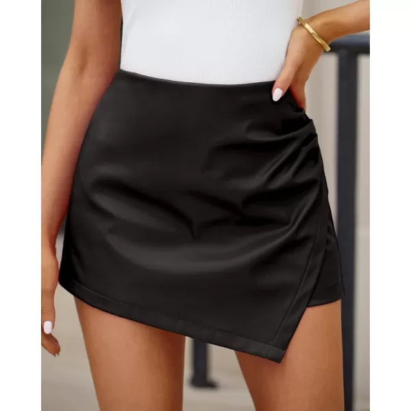 luvamia Shorts for Women Faux Leather Skorts High Waisted PU Leather Shorts Elastic Waist Ruched Wrap Skorts SkirtsBlack