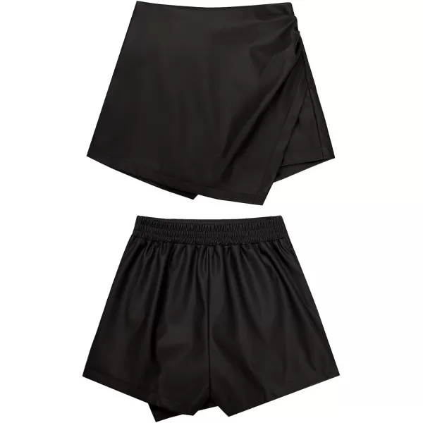 luvamia Shorts for Women Faux Leather Skorts High Waisted PU Leather Shorts Elastic Waist Ruched Wrap Skorts SkirtsBlack
