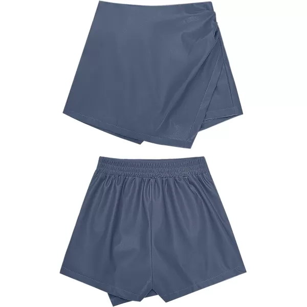 luvamia Shorts for Women Faux Leather Skorts High Waisted PU Leather Shorts Elastic Waist Ruched Wrap Skorts SkirtsBlue Gray