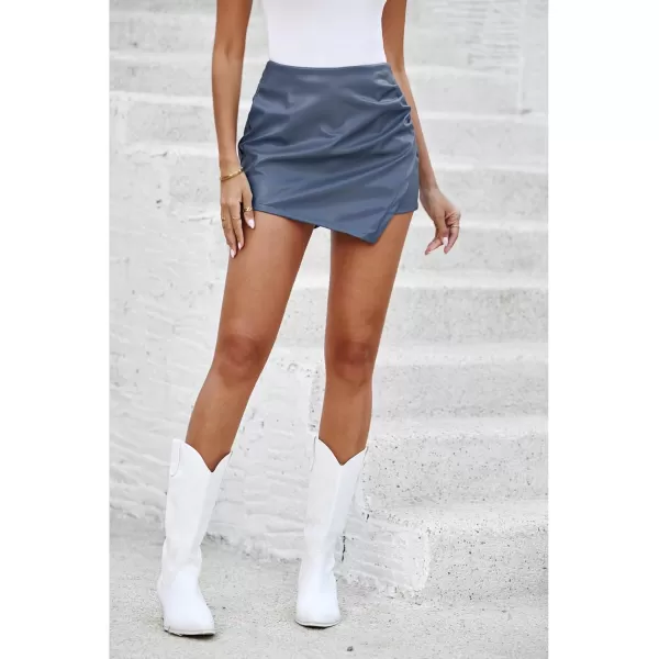 luvamia Shorts for Women Faux Leather Skorts High Waisted PU Leather Shorts Elastic Waist Ruched Wrap Skorts SkirtsBlue Gray