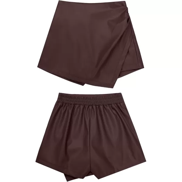 luvamia Shorts for Women Faux Leather Skorts High Waisted PU Leather Shorts Elastic Waist Ruched Wrap Skorts SkirtsChocolate Brown