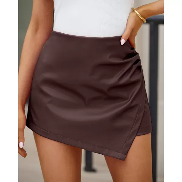 luvamia Shorts for Women Faux Leather Skorts High Waisted PU Leather Shorts Elastic Waist Ruched Wrap Skorts SkirtsChocolate Brown