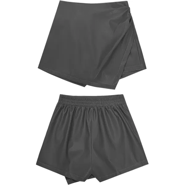 luvamia Shorts for Women Faux Leather Skorts High Waisted PU Leather Shorts Elastic Waist Ruched Wrap Skorts SkirtsDark Gray