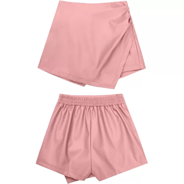 luvamia Shorts for Women Faux Leather Skorts High Waisted PU Leather Shorts Elastic Waist Ruched Wrap Skorts SkirtsDusty Pink