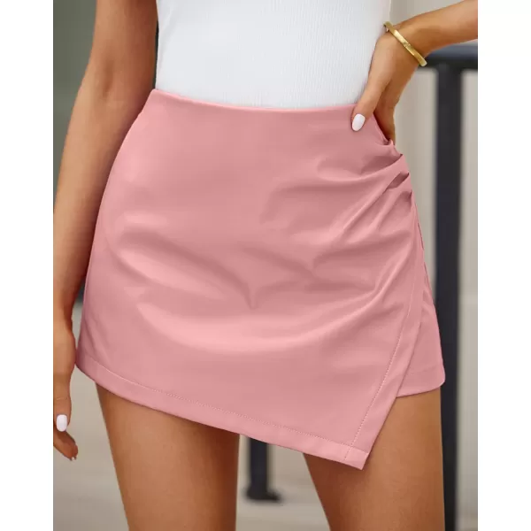 luvamia Shorts for Women Faux Leather Skorts High Waisted PU Leather Shorts Elastic Waist Ruched Wrap Skorts SkirtsDusty Pink