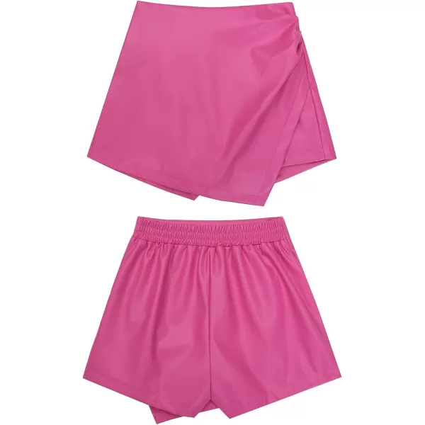 luvamia Shorts for Women Faux Leather Skorts High Waisted PU Leather Shorts Elastic Waist Ruched Wrap Skorts SkirtsHot Pink