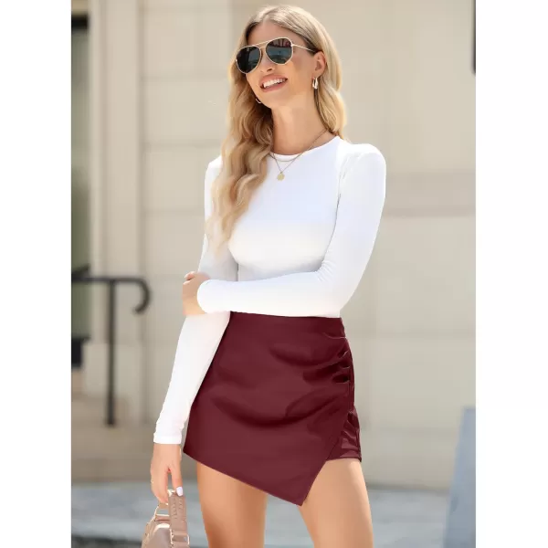 luvamia Shorts for Women Faux Leather Skorts High Waisted PU Leather Shorts Elastic Waist Ruched Wrap Skorts SkirtsRuby Wine