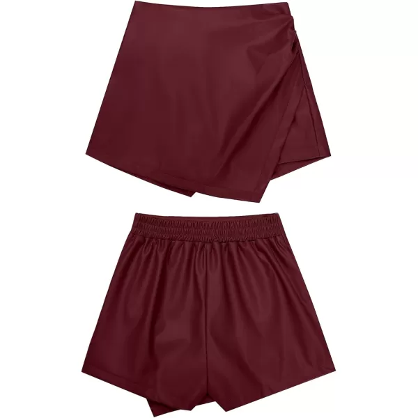 luvamia Shorts for Women Faux Leather Skorts High Waisted PU Leather Shorts Elastic Waist Ruched Wrap Skorts SkirtsRuby Wine