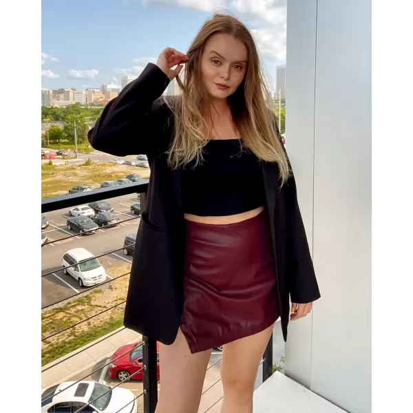 luvamia Shorts for Women Faux Leather Skorts High Waisted PU Leather Shorts Elastic Waist Ruched Wrap Skorts SkirtsRuby Wine