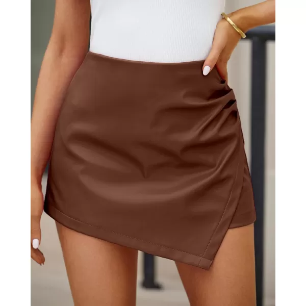 luvamia Shorts for Women Faux Leather Skorts High Waisted PU Leather Shorts Elastic Waist Ruched Wrap Skorts SkirtsRustic Brown