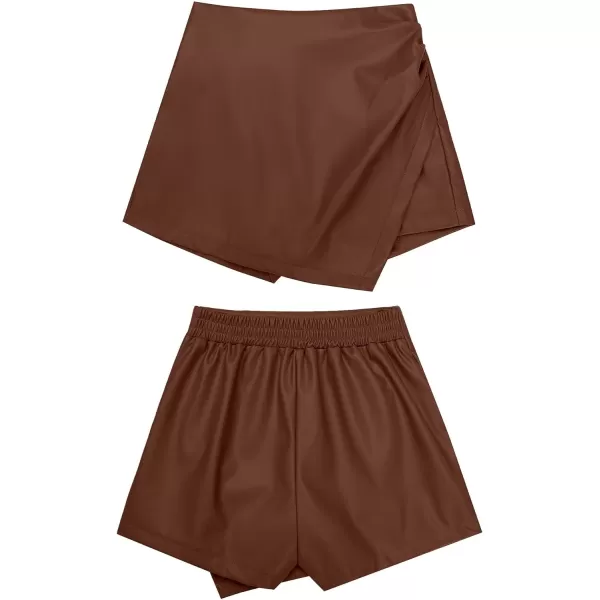 luvamia Shorts for Women Faux Leather Skorts High Waisted PU Leather Shorts Elastic Waist Ruched Wrap Skorts SkirtsRustic Brown