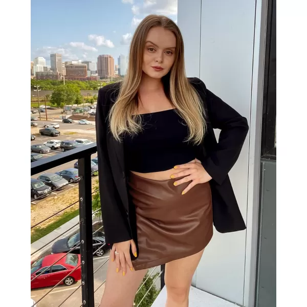 luvamia Shorts for Women Faux Leather Skorts High Waisted PU Leather Shorts Elastic Waist Ruched Wrap Skorts SkirtsRustic Brown