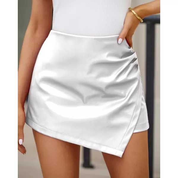 luvamia Shorts for Women Faux Leather Skorts High Waisted PU Leather Shorts Elastic Waist Ruched Wrap Skorts SkirtsSilver