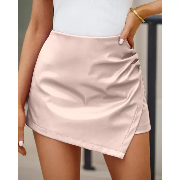 luvamia Shorts for Women Faux Leather Skorts High Waisted PU Leather Shorts Elastic Waist Ruched Wrap Skorts SkirtsWhisper Pink