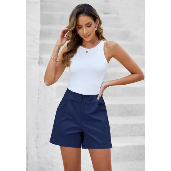 luvamia Shorts for Women Trendy Casual Summer High Waisted Chino Shorts Ribbed Elastic Waist Comfy Shorts with PocketsNavy Blue